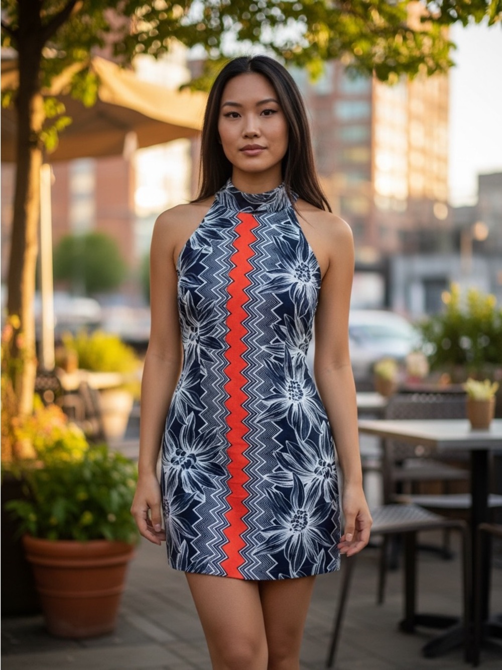 Milly Black & White Floral Halter Mini Dress with Orange Chevron Center